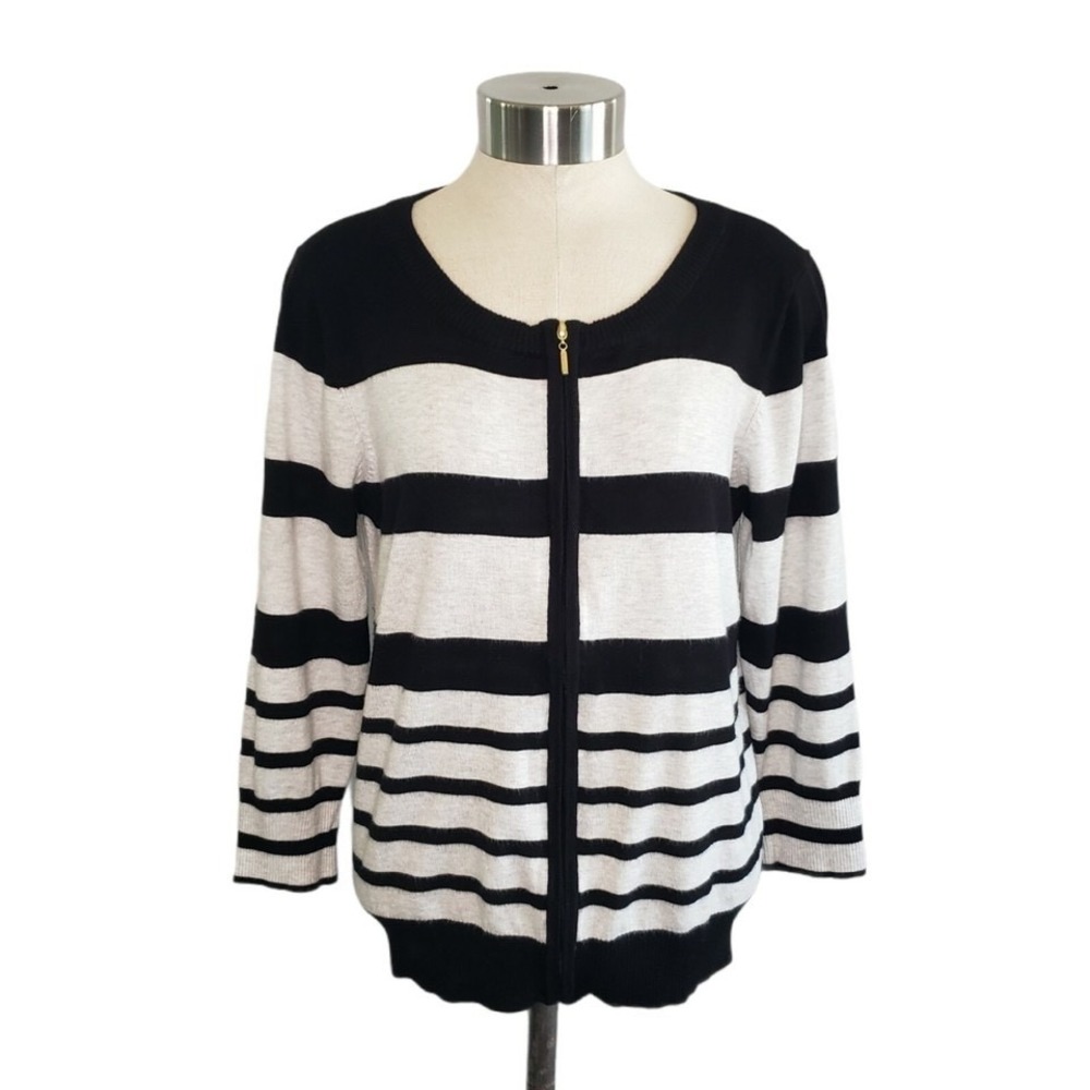 Lyn Black & Gray Striped Full Zip Cardigan Sweater Est Womens Size M 3/4 Sleeves